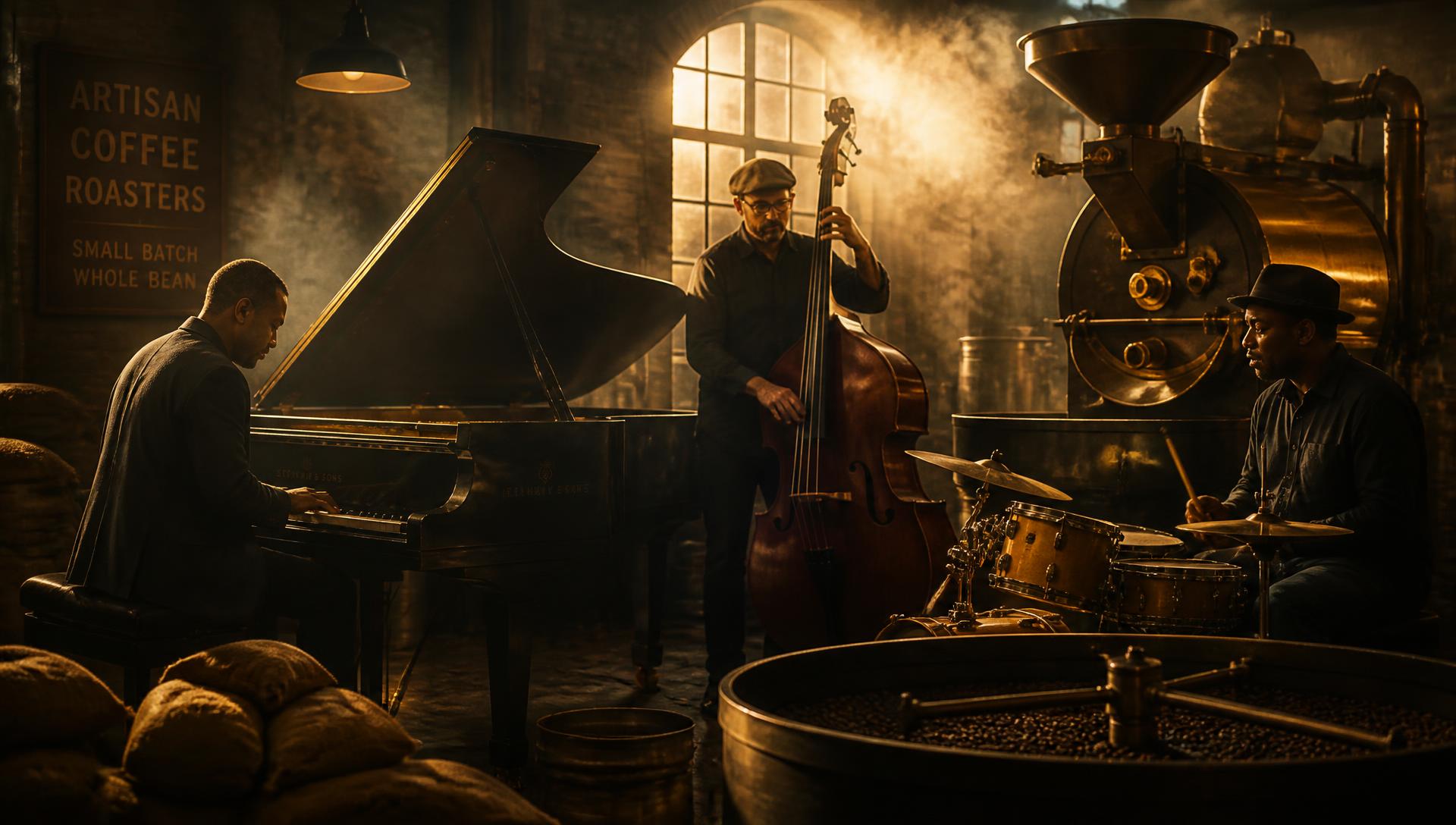 A trio performing live among the roasting equipment at Aristocrat Coffee Roasters